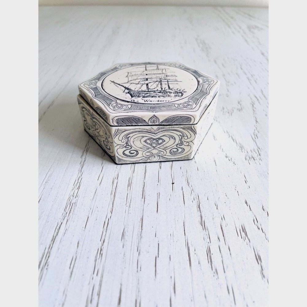 Vintage "The Wanderer" Scrimshaw‎ Style Trinket Box - New Bedford Whaleship